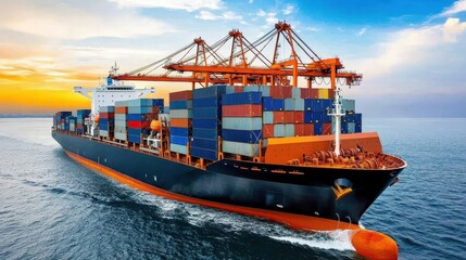 Fototapeta premium Cargo Ship Transporting Colorful Containers Across Ocean Under Vibrant Sunset Sky