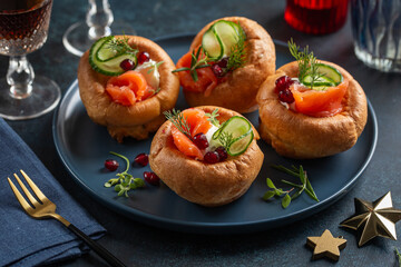 Yorkshire puddings with smoked salmon, cucumber and cream cheese