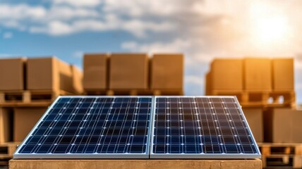 Solar panel on a wooden pallet, illuminated by sunlight, with cardboard boxes in the background,...