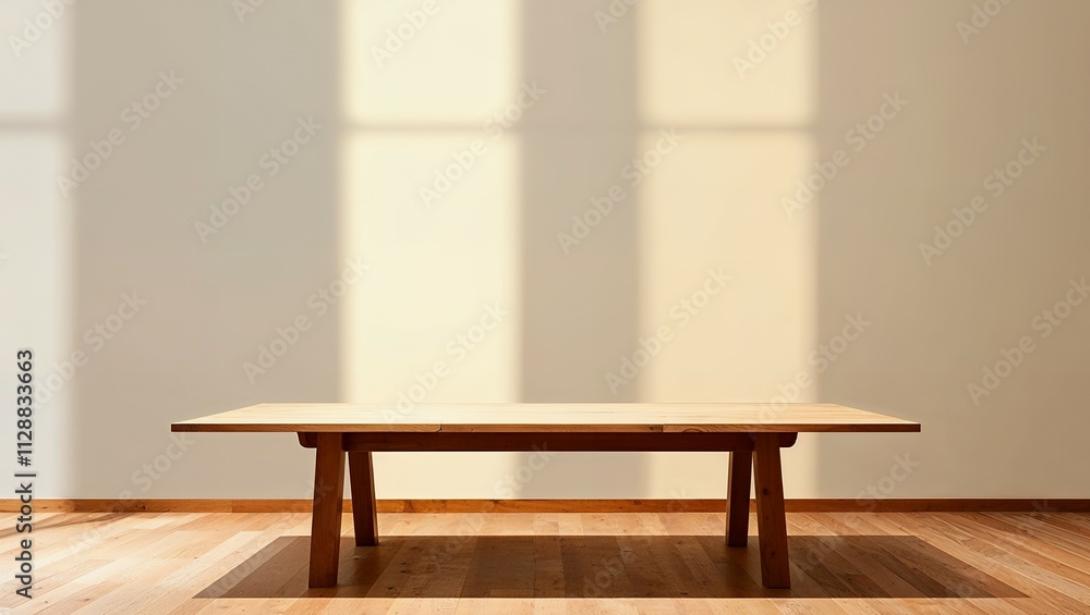 Aufkleber background with reflection on the wall with empty wooden table. For display mounting