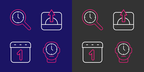 Set line Clock, Calendar, Sunrise and Magnifying glass with clock icon. Vector