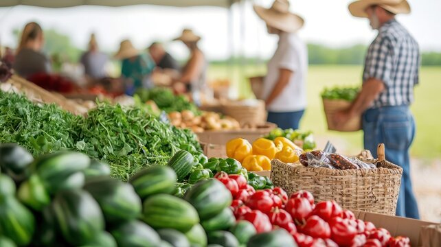 A farmer's market scene with shoppers purchasing organic produce and handmade goods.