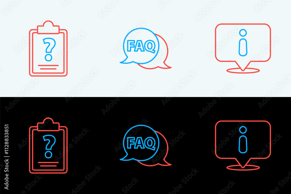 Poster set line information, clipboard with question marks and speech bubble faq icon. vector