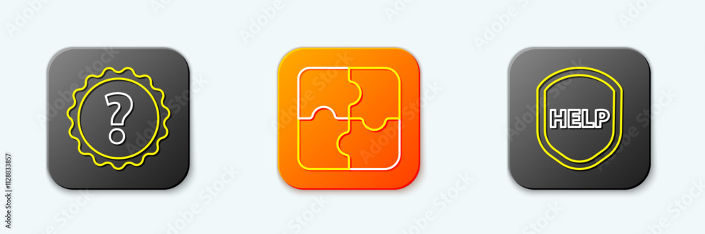 Poster set line question mark, piece of puzzle and shield with text help icon. vector
