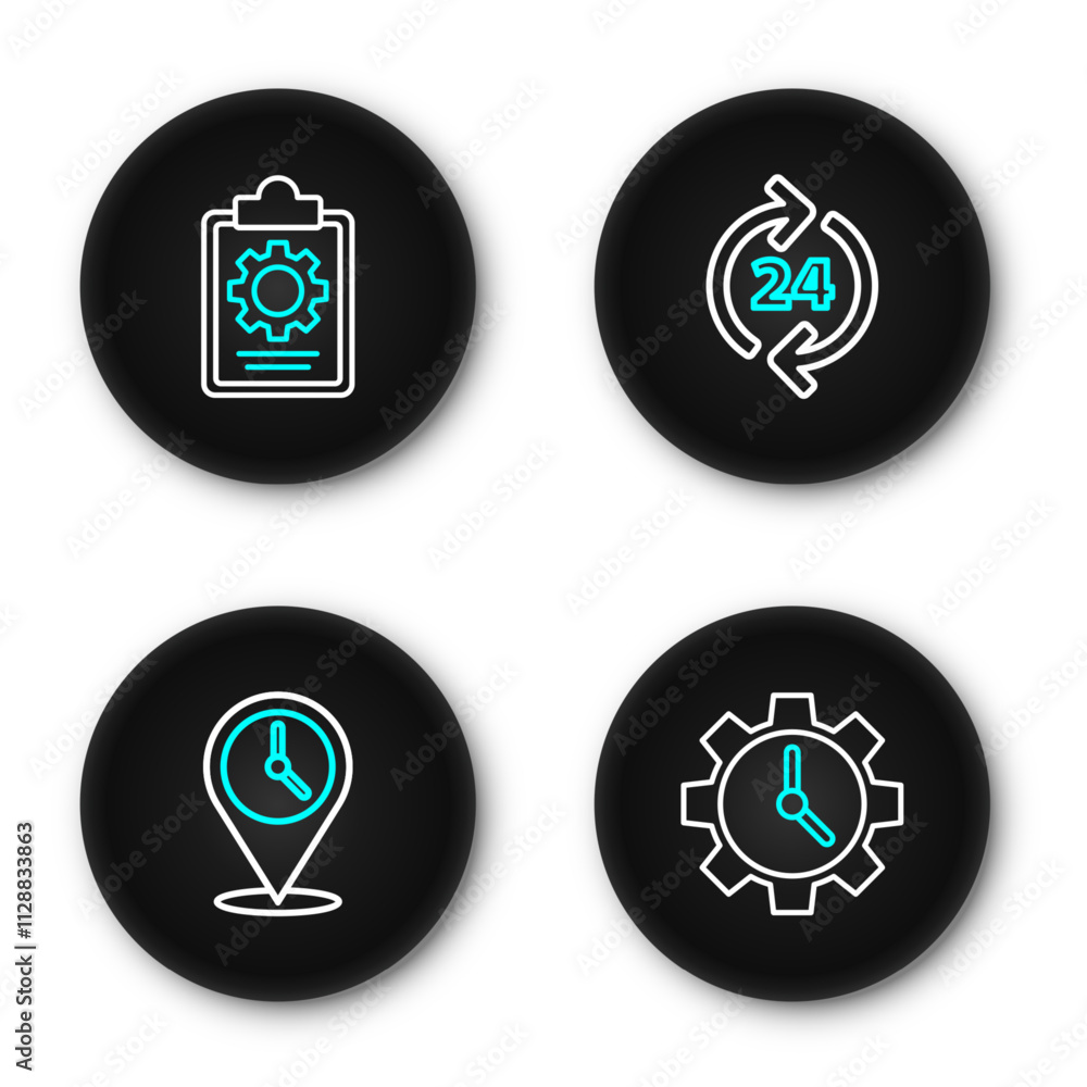 Poster set line time management, location with clock, telephone 24 hours support and checklist service icon
