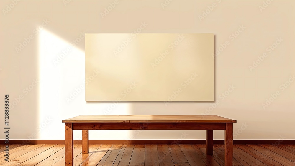 Aufkleber background with reflection on the wall with empty wooden table. For display mounting