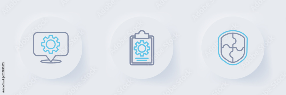 Poster set line shield, checklist with 24 hours service and location gear icon. vector
