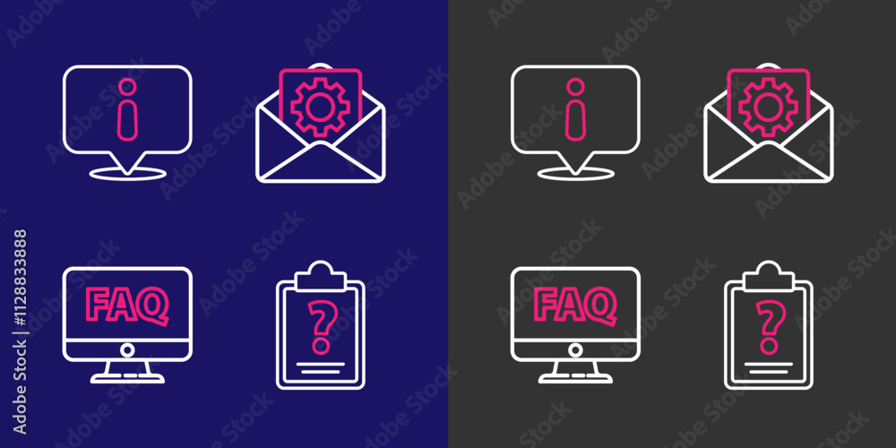 Poster set line clipboard with question marks, computer monitor and faq, envelope setting and information i