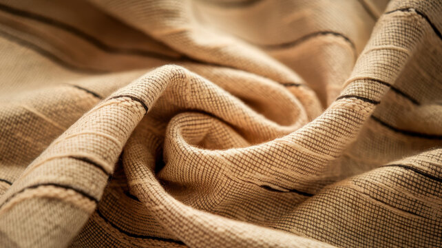 Close-up of textured beige fabric with subtle black stripes, showcasing intricate weaves and folds that evoke warmth and comfort.