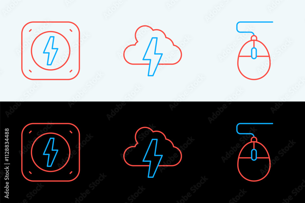Poster set line computer mouse, lightning bolt and cloud and lightning icon. vector