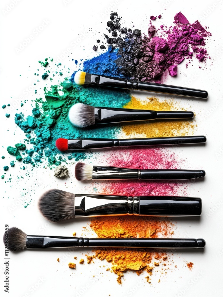 Poster Vibrant assortment of makeup tools including brushes and colorful powders beautifully displayed on a pristine surface with text space. Generative AI
