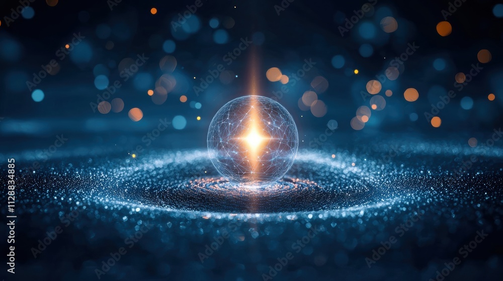 Poster quantum computer surrounded by holographic patterns and light effects in a digital landscape