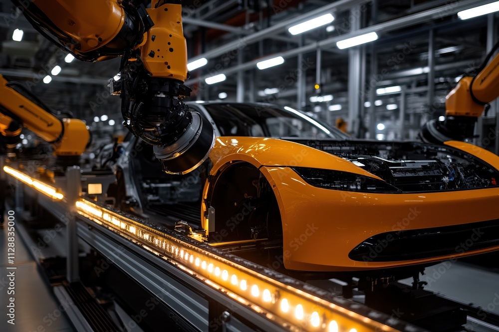 Poster a robotic assembly line working on a yellow car in a modern factory, showcasing automation and advan