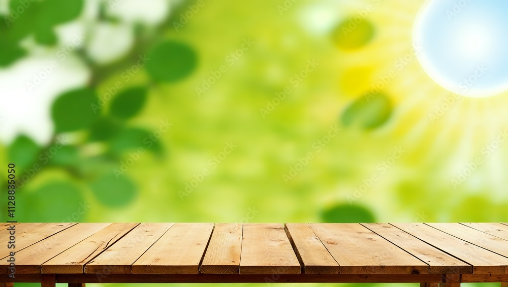 Poster empty space on a wooden table for your product on an abstract green sunny background