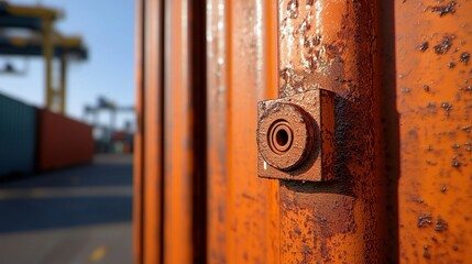 Close-Up of Rusty Bolt on Industrial Shipping Container at Port Facility