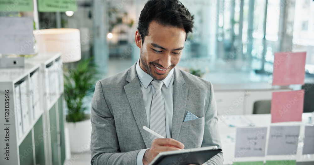 Aufkleber Idea, planning and business man on tablet in office for schedule, brainstorming and problem solving on glass. Professional, corporate and man on digital tech for website, research and sticky notes