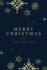 A Happy New Year banner with gold snow flakes on dark blue background. Luxury snow flakes frame for Christmas and New Year with small snow flakes, vector design