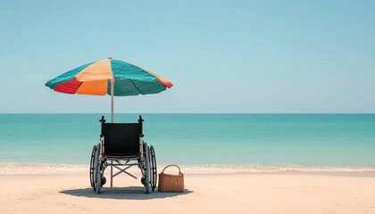A wheelchair is positioned on the beach, accompanied by a colorful umbrella and a basket, set against a serene ocean backdrop.