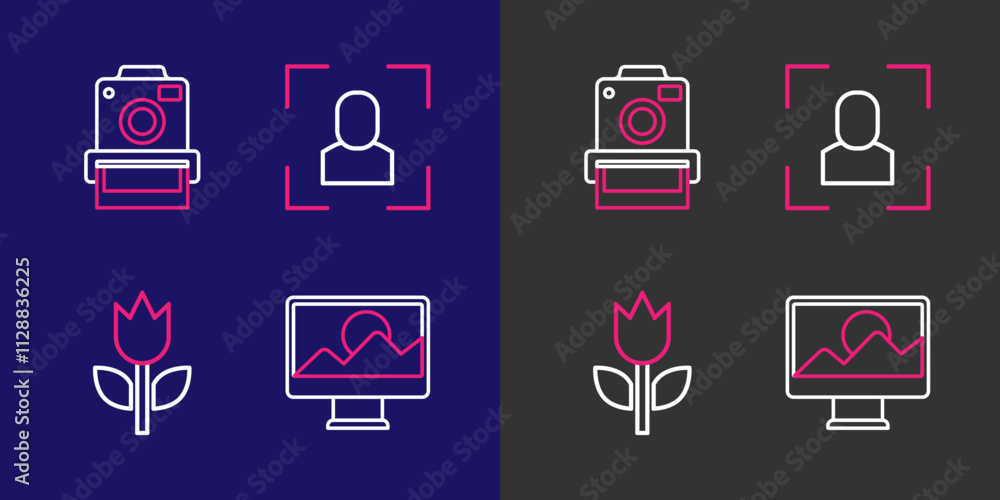 Poster set line photo retouching, mode macro, camera focus frame line and camera icon. vector
