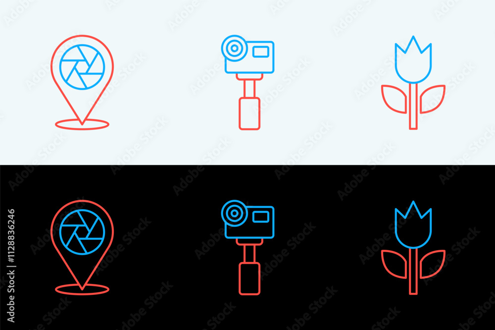 Poster set line photo mode macro, camera shutter and action extreme camera icon. vector