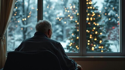 Back view of lonely old man sitting alone at nursing home, Christmas time. Christmas Eve snowfall, New Year's background outside. Elderly care.