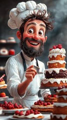 Cheerful chef with layered cake and fresh berries