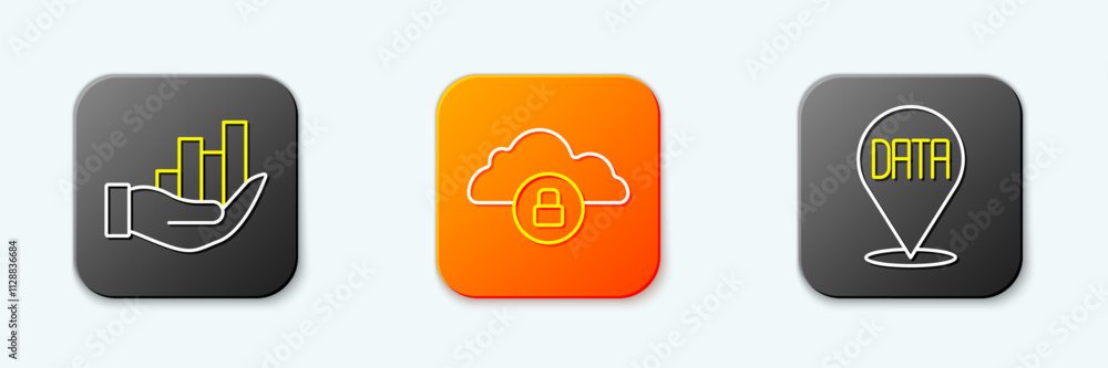 Poster set line pie chart infographic, cloud computing lock and data analysis icon. vector