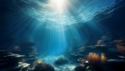 Naklejka premium underwater scene with rays of light or Underwater Sea - Deep Water Abyss