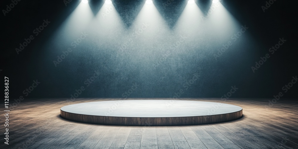 Poster a dimly lit stage with a circular platform, highlighted by three overhead spotlights, creating a dra