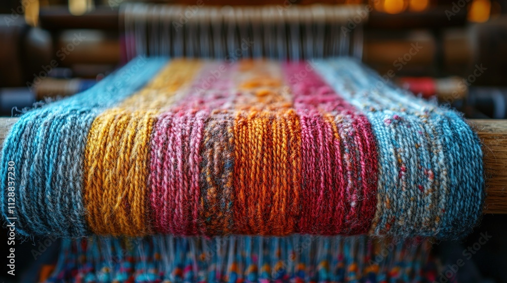 Poster vibrant multicolored yarn on loom creating beautiful textile patterns for crafting and weaving proje