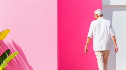 Elderly Woman Walking Outdoors on International Health Day in Bright, Modern Setting for Christmas and New Year