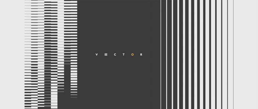 Black and white image of multiple lines of different thicknesses with transition and shift effect. Dynamic gradient pattern. Vector for banner, flyer, cover or brochure.