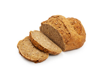 Whole grain bread, sliced, on a white background, isolated.