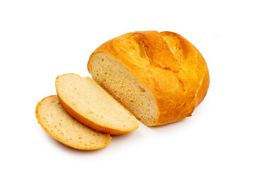 White bread, round bread, sliced, on a white background, isolated.