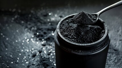 Black shaker with whey protein powder on top, symbolizing fitness and nutrition.