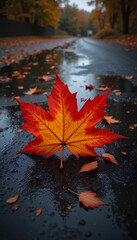 Fallen Autumn Maple Leaf In Rain Puddle With Reflective Surface Against Blurred Forest Background