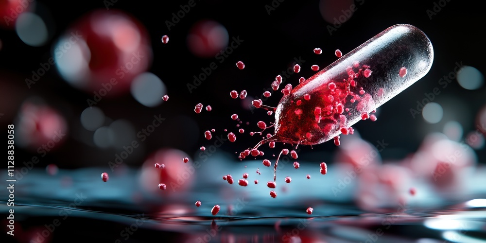Poster a close-up view of a transparent capsule releasing red particles, creating a dynamic, science-themed