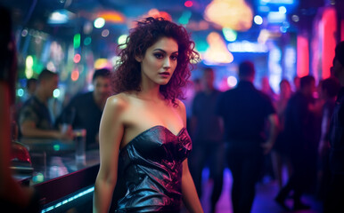Beautiful sexy white woman dancer in a dress at a crowed local night club