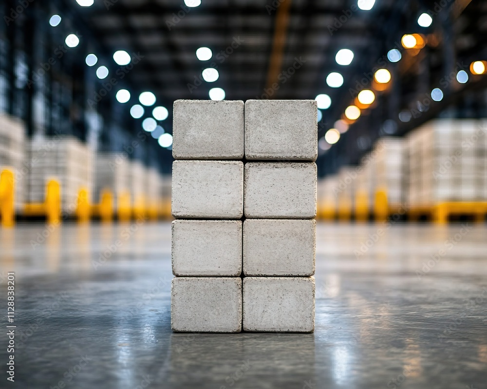 Poster a stack of concrete blocks stands in a spacious warehouse with industrial lighting, highlighting the