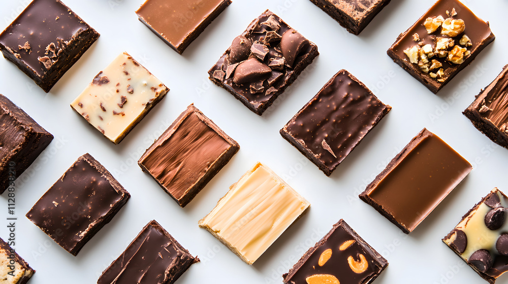 Poster an overhead shot of various chocolate fudge squares arranged on a white background. the fudge pieces