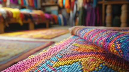 Vibrant Handwoven Rugs in a Colorful Textile Shop