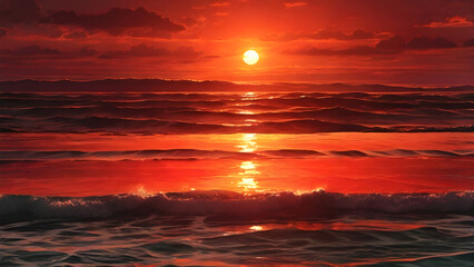 Red sunset reflecting over calm ocean waves, capturing the serene beauty of twilight.