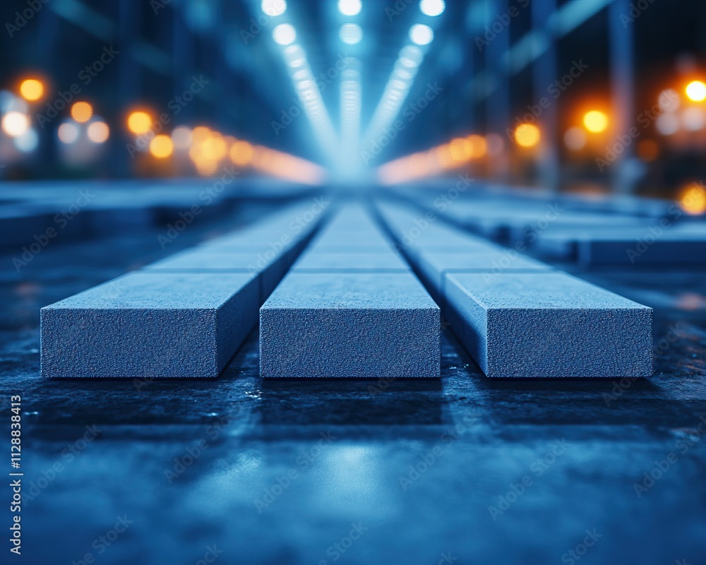 Poster a close-up view of concrete blocks lined up in an industrial setting, illuminated by blue and orange