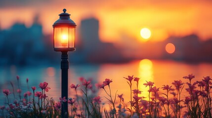 Obraz premium Sunset Over Tranquil Lake with Lamp Post and Flowers, Capturing a Serene Atmosphere with Soft Colors and Peaceful Reflections in the Water