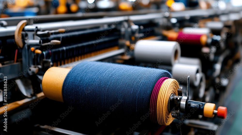 Aufkleber close-up of colorful spools of thread on a textile machine, showcasing the intricate details of the 