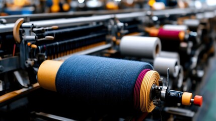 Naklejka premium Close-up of colorful spools of thread on a textile machine, showcasing the intricate details of the fabric production process.