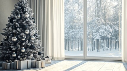 A Christmas tree decorated with white and red ornaments stands in front of the window.