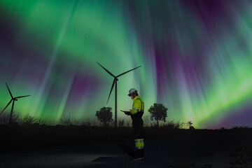 Survey Team Alternative energy for future at night for inspector safety.  Engineers survey and checking wind turbines at aurora light background. Wind Turbine Renewable energy technology