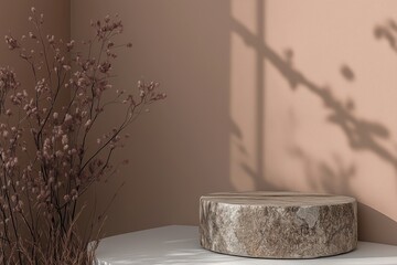 Stone Podium for promotion on mocha Background. Natural pedestal. Two stone podiums with floral shadow. Beauty product mockup. Scene to show products. Showcase, display case. Front View