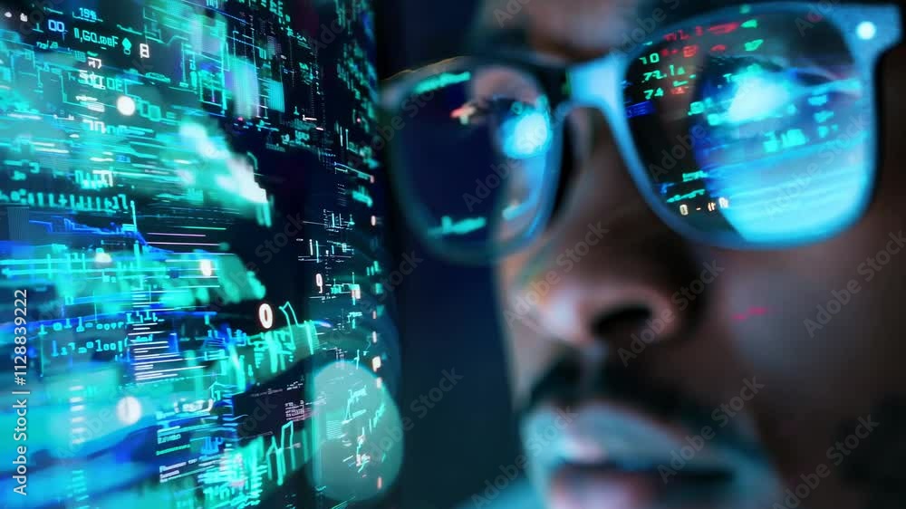 Poster futuristic reflections: man engages with dynamic digital interface